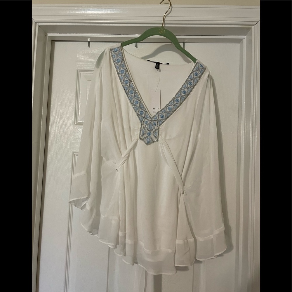 NWT white lined sheer blouse with angel sleeves, v-neck with blue sparkle